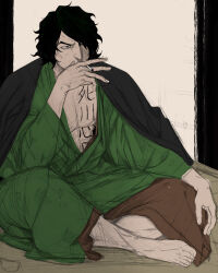 Rule 34 | 1boy, aramaki (ryokugyu), bake ryori, barefoot, black coat, black hair, chest tattoo, cigarette, coat, covering own mouth, crossed legs, curly hair, green kimono, hair over one eye, highres, holding, holding cigarette, indoors, japanese clothes, kimono, male focus, one piece, short hair, sitting, sketch, smoking, stomach tattoo, tattoo