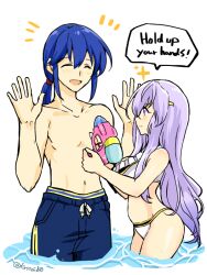 Rule 34 | 1boy, 1girl, alternate costume, bikini, blue hair, breasts, brother and sister, circlet, closed eyes, commentary request, english text, fire emblem, fire emblem: genealogy of the holy war, hands up, julia (fire emblem), long hair, medium breasts, nintendo, ocean, open mouth, ponytail, purple eyes, purple hair, seliph (fire emblem), shorts, siblings, simple background, smile, sparkle, stomach, swimsuit, topless male, water gun, white bikini, yukia (firstaid0)