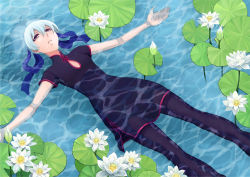Rule 34 | 108 (ginyirokoubou), 1girl, china dress, chinese clothes, darker than black, dress, flat chest, flower, hair ribbon, highres, lily pad, long hair, lotus, lying, on back, pantyhose, parted lips, partially submerged, ponytail, purple eyes, ribbon, silver hair, solo, submerged, tooya (gin&#039;iro koubou), water, wet, wet clothes, yin (darker than black)