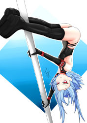 Rule 34 | 1girl, absurdres, ass, bad id, bad pixiv id, blanc (neptunia), blue hair, bodysuit, bondage outfit, breasts, choujigen game neptune, cleavage, cleavage cutout, clothing cutout, cundodeviant, dancing, embarrassed, female focus, full body, hair ornament, highres, leotard, long hair, looking at viewer, looking up, neptune (series), pole dancing, power symbol-shaped pupils, red eyes, short hair with long locks, small breasts, solo, standing, symbol-shaped pupils, thighhighs, tongue, tongue out, twintails, white heart (neptunia)