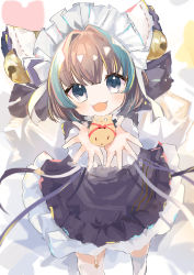 Rule 34 | 1girl, animal, animal ears, apron, azur lane, bound, dress, fake animal ears, frilled ribbon, frills, from above, harunohotaru, highres, holding, holding animal, little cheshire (azur lane), long ribbon, looking at viewer, looking up, manjuu (azur lane), medium hair, multicolored hair, open mouth, purple apron, purple hair, ribbon, solo, streaked hair, thighhighs, tied up (nonsexual), two-tone hair, white dress, white thighhighs, x anus