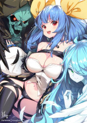 Rule 34 | 1boy, 2girls, bare shoulders, belt, black panties, black thighhighs, blue hair, blush, bow, breasts, cleavage, detached collar, detached sleeves, dizzy (guilty gear), duplicate, gluteal fold, green eyes, guilty gear, guilty gear xrd, hair bow, hair over one eye, hair ribbon, hong (white spider), hood, large breasts, long hair, looking at viewer, mature female, midriff, monster girl, multiple girls, navel, necro (guilty gear), open mouth, panties, pixel-perfect duplicate, red eyes, ribbon, skeleton, smile, stomach, teeth, thick thighs, thigh gap, thigh strap, thighhighs, thighs, underwear, undine (guilty gear), upper teeth only, yellow ribbon