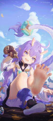 Rule 34 | 1girl, bailu (honkai: star rail), barefoot, blue eyes, dragon girl, dragon horns, dragon tail, feet, foot focus, highres, holding gourd, honkai: star rail, honkai (series), horns, icecake, long hair, looking at viewer, open mouth, pouring, pouring onto self, sky, soles, solo, tail, teeth, toes, upper teeth only