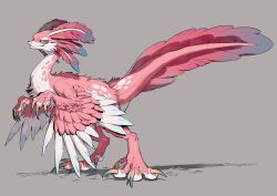 Rule 34 | animal focus, axolotl tail, bird wings, blue eyes, bul (moiko), claws, colored sclera, feathered wings, from side, grey background, head wings, highres, jitome, looking at viewer, monster, no humans, original, raptor, scales, simple background, solo, spots, tail, wings, yellow sclera