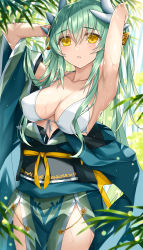 Rule 34 | 1girl, armpits, arms up, blush, breasts, cleavage, collarbone, cowboy shot, dragon girl, dragon horns, fate/grand order, fate (series), green hair, green kimono, highres, horns, japanese clothes, kimono, kiyohime (fate), large breasts, long hair, looking at viewer, morizono shiki, outdoors, parted lips, solo, yellow eyes