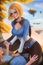 Rule 34 | 1boy, 1girl, arduina (arduin art), black pantyhose, blonde hair, blue shirt, braid, breasts, cape, cleavage, cleavage cutout, closed mouth, clothing cutout, crown braid, day, floating island, hair ornament, hairclip, hetero, highres, holding hands, large breasts, link, lips, long sleeves, nintendo, outdoors, pantyhose, princess zelda, shirt, short hair, smile, straddling, the legend of zelda, the legend of zelda: tears of the kingdom
