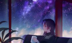 Rule 34 | 1girl, achiki, black hair, black shirt, blue eyes, collared shirt, cup, expressionless, holding, holding cup, indoors, long hair, looking away, milky way, mug, night, night sky, original, profile, scenery, shirt, sky, solo, star (sky), starry sky, window