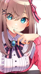 Rule 34 | 1girl, :3, absurdres, blouse, blue eyes, bow, breasts, brooch, brown hair, cardigan, finger to mouth, fingernails, hair between eyes, hair bow, hair ornament, highres, jewelry, large breasts, leaning forward, looking at viewer, medium hair, morumoru x, nijisanji, pink cardigan, shirt, simple background, smile, solo, suzuhara lulu, table, virtual youtuber, white background, white shirt, x hair ornament