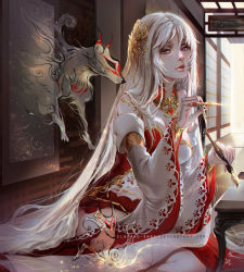 Rule 34 | 1girl, amaterasu (ookami), armlet, bare shoulders, breasts, brush, claparo, detached sleeves, dress, dual persona, eyelashes, eyeliner, finger to mouth, fingernails, hair between eyes, hand up, highres, japanese clothes, lips, long fingernails, long hair, looking at viewer, makeup, mascara, medium breasts, nose, ookami (game), parted lips, personification, red dress, red eyes, short dress, shushing, sitting, strapless, strapless dress, turtleneck, very long hair, watermark, web address, white hair, wide sleeves, wolf