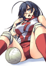 Rule 34 | 1girl, ahoge, ass, ball, bandages, black eyes, black hair, breasts, brown eyes, clip studio paint (medium), commentary request, girls und panzer, glasses, isuzu hana, knee pads, large breasts, leaning back, long hair, one eye closed, open mouth, panties, panties under shorts, panty peek, red shirt, red shorts, shinshin, shirt, short shorts, shorts, simple background, sitting, sleeveless, sleeveless shirt, solo, sportswear, spread legs, teeth, thighs, underwear, upper teeth only, volleyball, volleyball (object), volleyball uniform, white background, white panties
