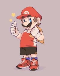 Rule 34 | 1boy, black shorts, blue eyes, blue socks, blush stickers, brown hair, cabbie hat, commentary, cutie-png, english commentary, facial hair, full body, gloves, hat, holding, holding towel, letter, light brown background, looking at viewer, lower teeth only, male focus, mario, mario &amp; sonic at the olympic games, mario &amp; sonic at the tokyo 2020 olympic games, mario (series), mustache, nintendo, official alternate costume, open mouth, red footwear, red hat, red shirt, shadow, shirt, shoes, short hair, shorts, signature, sleeveless, sleeveless shirt, smile, sneakers, socks, star (symbol), sweat, teeth, thick eyebrows, thumbs up, towel, towel around neck, white gloves