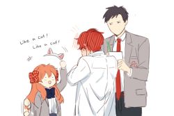 Rule 34 | 10s, 1girl, 2boys, :d, afterimage, animal ears, bad id, bad pixiv id, black hair, blue bow, blush, bow, bowtie, cat ears, covering face, ear blush, embarrassed, english text, fake animal ears, gekkan shoujo nozaki-kun, hair bow, hairband, unworn hairband, height difference, long hair, looking at another, mery (yangmalgage), mikoshiba mikoto, motion lines, multiple boys, necktie, no mouth, no nose, nozaki umetarou, open mouth, orange hair, polka dot, polka dot bow, red bow, red hair, sakura chiyo, school uniform, short hair, simple background, smile, white background, writing
