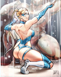 Rule 34 | 1boy, 1girl, absurdres, arm up, ass, ass cutout, backless outfit, beard, biceps, blonde hair, blue choker, blue eyes, blue gloves, blue leotard, blue mask, boots, breasts, bulge, capcom, chest hair, choker, clenched hand, clothing cutout, domino mask, elbow gloves, facial hair, fingerless gloves, gloves, grin, gym shorts, head out of frame, height difference, highres, hip vent, juaag acgy, knee boots, kneeling, large breasts, leotard, lips, long hair, looking at viewer, mask, muscular, muscular female, muscular male, nose, on one knee, rainbow mika, red shorts, scar, scar on leg, shorts, signature, smile, solo focus, strapless, strapless leotard, street fighter, street fighter v, street fighter zero (series), sweat, thong leotard, twintails, white footwear, wrestling mask, wrestling outfit