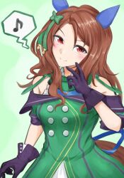 Rule 34 | 1girl, animal ears, blush, brown hair, buttons, dress, ear covers, gloves, green dress, hido (hydrogen 82), horse ears, horse girl, king halo (umamusume), looking at viewer, off-shoulder dress, off shoulder, red eyes, smile, solo, speech bubble, umamusume, wavy hair