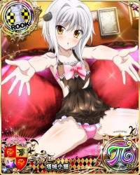 Rule 34 | 1girl, apron, blush, bow, bra, card (medium), cat hair ornament, character name, chess piece, hair ornament, high school dxd, high school dxd pi, looking at viewer, official art, panties, parted lips, pink bow, pink bra, pink panties, rook (chess), short hair, silver hair, sitting, solo, spread legs, torn apron, torn bra, torn clothes, toujou koneko, trading card, underwear, yellow eyes