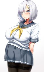 Rule 34 | 1girl, absurdres, arms behind back, blue eyes, blush, breasts, collarbone, grey skirt, hair ornament, hair over one eye, hairclip, hamakaze (kancolle), highres, kantai collection, kusahagane, large breasts, looking at viewer, pantyhose, pleated skirt, pregnant, sailor collar, school uniform, serafuku, short hair, short sleeves, silver hair, simple background, skirt, smile, solo, standing, upper body, white background