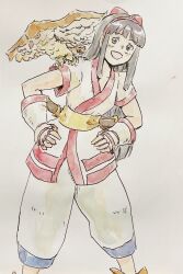 Rule 34 | 1girl, absurdres, ainu clothes, black hair, breasts, fingerless gloves, gloves, grey eyes, hair ribbon, hands on own hips, highres, legs, long hair, looking at viewer, mamahaha, nakoruru, open mouth, pants, ribbon, samurai spirits, small breasts, smile, snk, the king of fighters, thighs, traditional media, weapon