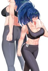 Rule 34 | 1girl, abs, black sports bra, blue eyes, blue hair, breasts, crop top, dan koflove, drying, exercising, highres, holding, holding towel, large breasts, leggings, leona heidern, midriff, multiple views, muscular, muscular female, navel, pants, ponytail, simple background, sports bra, stomach, the king of fighters, tight clothes, tight pants, towel, towel around neck, white background, wiping face, yoga pants
