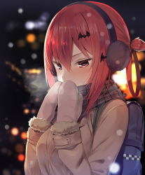 Rule 34 | 1girl, absurdres, backlighting, backpack, bag, bat hair ornament, blurry, blurry background, blush, breasts, breath, brown coat, close-up, coat, covering own mouth, depth of field, dot nose, earmuffs, eyelashes, fur-trimmed sleeves, fur trim, gabriel dropout, greatmosu, hair between eyes, hair ornament, hair rings, half-closed eyes, highres, long sleeves, looking down, medium breasts, mittens, night, outdoors, pink eyes, plaid, plaid scarf, red hair, satanichia kurumizawa mcdowell, scarf, solo, upper body, winter