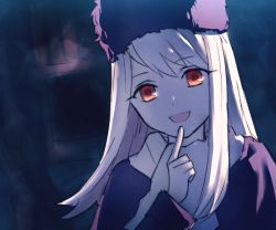 Rule 34 | 1girl, ame (conronca), bad id, bad pixiv id, fate/stay night, fate (series), finger to own chin, fur hat, gradient background, hat, illyasviel von einzbern, long hair, open mouth, papakha, purple hat, red eyes, smile, solo, upper body, white hair, xxxregenxxx