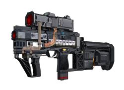 Rule 34 | absurdres, bullpup, commentary, energy gun, english commentary, from side, gun, highres, no humans, original, puremage, science fiction, scope, solo, trigger, weapon, weapon focus, white background