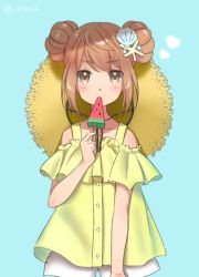 Rule 34 | alternate costume, bad id, bad twitter id, blue background, blush, brown eyes, brown hair, chou2, eating, food, hair ornament, hat, heart, ice cream, kantai collection, long hair, looking at viewer, michishio (kancolle), one-hour drawing challenge, popsicle, shirt, short shorts, shorts, simple background, straw hat, twitter username, watermelon bar, white shorts, yellow shirt