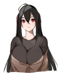 Rule 34 | 1girl, ahoge, azur lane, bad id, bad twitter id, black hair, black shirt, blush, breasts, casual, crossed bangs, empty eyes, hair between eyes, hair ribbon, highres, large breasts, long hair, looking at viewer, off shoulder, parted lips, red eyes, red ribbon, ribbon, rrr ato, shirt, simple background, smile, solo, sweater, taihou (azur lane), teeth, twintails, very long hair, white background