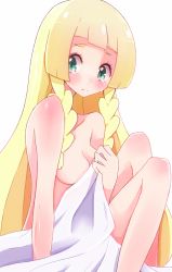 Rule 34 | 1girl, bad id, bad pixiv id, bed sheet, blanket, blonde hair, blunt bangs, blush, braid, breasts, cleavage, covering nipples, covering privates, creatures (company), enelis, game freak, green eyes, lillie (pokemon), long hair, medium breasts, naked sheet, nintendo, nude, nude cover, pokemon, pokemon sm, simple background, solo, tearing up, twin braids, white background