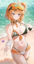 Rule 34 | 1girl, absurdres, ahoge, bandaged arm, bandages, beach, bikini, bikini pull, blonde hair, blush, breasts, choker, closed mouth, clothes pull, cowboy shot, girls&#039; frontline, goggles, goggles on head, grey eyes, hair ornament, hairclip, highres, looking at viewer, medium breasts, medium hair, navel, rynzfrancis, sand, shell, side ponytail, solo, starfish, sterling (girls&#039; frontline), swimsuit, thigh strap, w, water
