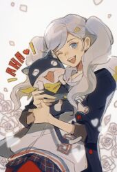 Rule 34 | 1girl, ^ ^, animal, bandana, black jacket, black skirt, blue eyes, cat, chinese clothes, closed eyes, earrings, fangs, flower, grey flower, grey hair, grey hoodie, grey rose, hair behind ear, heart, highres, holding, holding animal, holding cat, hood, hoodie, jacket, jewelry, long hair, looking at viewer, mask, mi tang, miniskirt, morgana (persona 5), one eye closed, open mouth, pantyhose, persona, persona 5, red pantyhose, rose, skirt, smile, solo focus, takamaki anne, twintails, white background, yellow bandana