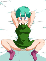 Rule 34 | 1girl, alternate hairstyle, amedama akihito, armpits, arms up, bed, blue eyes, blush, breasts, bulma, cameltoe, closed mouth, dragon ball, dragonball z, dress, earrings, feet, female focus, from above, full body, green dress, green hair, groin, hoop earrings, jewelry, legs, lipstick, looking at viewer, lying, makeup, medium breasts, mature female, old school academy, panties, pantyshot, red lips, short hair, sleeveless, smile, socks, solo, spread legs, thighs, turtleneck, turtleneck dress, underwear, white background, white panties