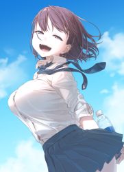 Rule 34 | 1girl, ai-chan (tawawa), bottle, braid, breasts, brown eyes, brown hair, commentary request, day, getsuyoubi no tawawa, half-closed eyes, himura kiseki, large breasts, looking at viewer, necktie, open mouth, school uniform, shirt, short hair, side braid, skirt, smile, solo, teeth, wind