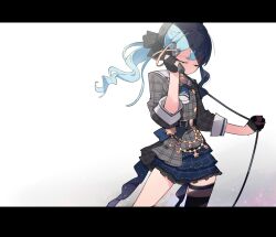 Rule 34 | 1girl, absurdres, black-framed eyewear, black thighhighs, closed eyes, dress, gloves, hat, highres, holding, holding microphone, hololive, hoshimachi suisei, hoshimachi suisei (1st costume), letterboxed, long hair, microphone, partially fingerless gloves, ponytail, shimazaki1152, side ponytail, simple background, single thighhigh, solo, star (symbol), thighhighs, virtual youtuber