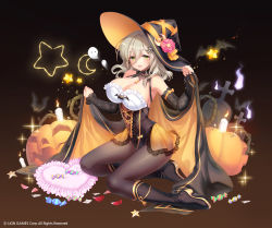 Rule 34 | 1girl, absurdres, bare shoulders, bat (animal), bat ornament, black background, black footwear, blush, boots, breasts, brown background, brown pantyhose, candle, candy, cleavage, copyright name, detached collar, detached sleeves, flower, food, frills, full body, ghost, gradient background, hair between eyes, hair ornament, hairclip, half-closed eyes, halloween, halloween costume, hat, hat flower, hat ornament, hat ribbon, heart, heart-shaped pillow, high heel boots, high heels, highres, jack-o&#039;-lantern, jewelry, kneeling, kyjsogom, lace trim, large breasts, lee nabi, light brown hair, looking at viewer, medium hair, mole, mole on breast, necklace, official art, orange ribbon, pantyhose, parted lips, petals, pillow, ribbon, ringlets, simple background, smile, solo, soulworker, star (symbol), two-tone background, watermark, witch, yellow eyes