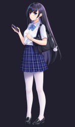 Rule 34 | 1girl, absurdres, allenes, bag, bag charm, black background, black footwear, black hair, blue bow, blue bowtie, blue eyes, blue skirt, blush, bow, bowtie, breasts, cellphone, charm (object), collared shirt, dress shirt, full body, hair ornament, hairclip, highres, holding, holding phone, loafers, long hair, looking at viewer, medium breasts, original, pantyhose, parted lips, phone, pigeon-toed, plaid, plaid skirt, pleated skirt, school bag, school uniform, shirt, shoes, short sleeves, simple background, skirt, smartphone, solo, standing, very long hair, white pantyhose, white shirt