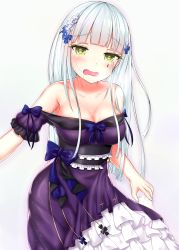 Rule 34 | 1girl, alcohol, alternate costume, armpit peek, armpits, bare shoulders, blue bow, blunt bangs, blush, bow, breasts, cleavage, collarbone, corset, cross, cup, dress, drinking glass, drunk, eyes visible through hair, frilled dress, frills, girls&#039; frontline, glass, gmkj, green eyes, grey background, hair between eyes, hair ornament, hairclip, highres, hk416 (girls&#039; frontline), holding, holding cup, holding drinking glass, large breasts, leaning forward, long hair, looking at viewer, makeup, medium breasts, off shoulder, open mouth, outstretched arm, saliva, sidelocks, silver hair, simple background, smile, solo, teardrop