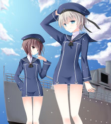 Rule 34 | 10s, 2girls, battleship, blue eyes, brown eyes, brown hair, clothes writing, hand on headwear, hat, kantai collection, looking at viewer, military, military vehicle, multiple girls, nu (ukskuj), personification, sailor collar, sailor hat, ship, short hair, silver hair, smile, warship, watercraft, z1 leberecht maass (kancolle), z3 max schultz (kancolle)