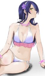 Rule 34 | 1girl, arm support, bikini, blue hair, bracelet, breasts, cleavage, collarbone, commentary request, earrings, eyebrows hidden by hair, feet out of frame, flower, gradient bikini, groin, hair flower, hair ornament, hairband, halterneck, hanamaruyama628, hand on own knee, highres, jewelry, light blush, long hair, looking at viewer, love live!, love live! school idol project, medium breasts, navel, necklace, purple bikini, shadow, simple background, skindentation, solo, sonoda umi, string bikini, swimsuit, very long hair, white background, white bikini, yellow eyes