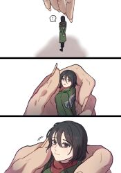 Rule 34 | !, 1boy, 1girl, black eyes, black hair, breasts, eren yeager, facial scar, fingernails, full body, giant, green jacket, hair between eyes, highres, in palm, jacket, long fingernails, looking at another, looking at viewer, looking back, medium breasts, mikasa ackerman, mini person, minigirl, out of frame, parted lips, rakji, red scarf, rogue titan, scar, scar on cheek, scar on face, scarf, shingeki no kyojin, short hair, smile, spoken exclamation mark, survey corps (emblem), titan (shingeki no kyojin), upper body, white background