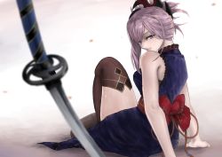 Rule 34 | 1girl, absurdres, breasts, brown thighhighs, fate/grand order, fate (series), green eyes, hair ornament, hairclip, highres, japanese clothes, katana, kimono, kugatunohito, looking at viewer, looking back, miyamoto musashi (fate), miyamoto musashi (first ascension) (fate), petals, petals on liquid, pink hair, ponytail, ribbon, short hair, simple background, sitting, sleeveless, smile, solo, sword, thighhighs, weapon, white background
