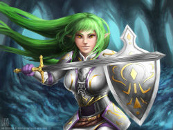 Rule 34 | 1girl, armor, borrowed character, breasts, cowboy shot, faulds, fighting stance, forest, green hair, jasqreate, long hair, nature, original, pointy ears, rynn (acerailgun), shield, smile, solo, sword, very long hair, watermark, weapon, web address, yellow eyes