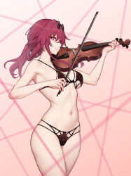 1girl artist_name black_bra black_panties bow bow_(music) bra breasts collarbone commentary cowboy_shot earrings eyewear_on_head fingernails glasses hashtag-only_commentary highres holding holding_bow_(music) holding_instrument holding_violin honkai:_star_rail honkai_(series) instrument jewelry kafka_(honkai:_star_rail) large_breasts long_hair looking_at_viewer music nail_polish navel paid_reward_available panties parted_lips pince-nez pink_background playing_instrument purple_eyes purple_hair purple_nails round_eyewear smile solo stomach sunglasses underwear underwear_only violin yunkaiming