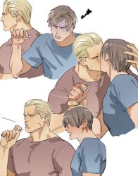 Rule 34 | 2boys, bara, blonde hair, blue shirt, brown hair, brown shirt, cigarette, closed eyes, curtained hair, holding, holding cigarette, jack krauser, large pectorals, leon s. kennedy, male focus, multiple boys, muscular, muscular male, pectorals, resident evil, resident evil 4, resident evil 4 (remake), shirt, short hair, tatsumi (psmhbpiuczn), tongue, tongue out, yaoi