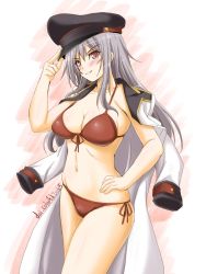 Rule 34 | 1girl, akimoto dai, bikini, black hat, breasts, cleavage, commentary request, cowboy shot, dated, facial scar, front-tie top, gangut (kancolle), gangut dva (kancolle), grey hair, hand on own hip, hat, highres, jacket, jacket on shoulders, kantai collection, large breasts, long hair, one-hour drawing challenge, orange eyes, peaked cap, red bikini, scar, scar on cheek, scar on face, side-tie bikini bottom, solo, standing, swimsuit, twitter username