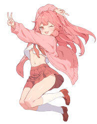 Rule 34 | 1girl, blush, cardigan, commentary request, crop top, double v, fang, full body, highres, jumping, kneehighs, kotonoha akane, loafers, long hair, looking at viewer, navel, neckerchief, one eye closed, open cardigan, open clothes, open mouth, pink cardigan, pink eyes, pink hair, red neckerchief, school uniform, serafuku, shoes, simple background, skirt, smile, socks, solo, v, voiceroid, white background, white socks, yamamomo (plank)