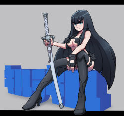Rule 34 | 1girl, aneurysm ax, belt, black gloves, black hair, blue eyes, boots, breasts, closed mouth, expressionless, fingerless gloves, full body, gloves, high heel boots, high heels, highres, katana, kill la kill, kiryuuin satsuki, long hair, looking at viewer, medium breasts, nudist beach uniform, revealing clothes, serious, simple background, sitting, solo, sword, thick eyebrows, thigh boots, thighhighs, translation request, weapon
