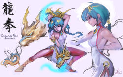 Rule 34 | 1girl, ahoge, alternate costume, arm up, armpits, bare shoulders, blue eyes, bracer, braid, breasts, character name, china dress, chinese clothes, collage, concept art, dragon, dress, eastern dragon, fighting stance, green hair, highres, kung fu, league of legends, lips, long hair, min chan-wook, nose, phantom ix row, ponytail, red legwear, shyvana, sideboob, single braid, solo, standing, tiara