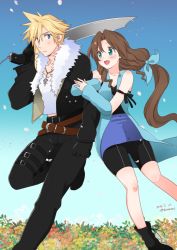 Rule 34 | 1boy, 1girl, aerith gainsborough, arm ribbon, arm warmers, bad id, bad pixiv id, bare shoulders, belt, black footwear, black gloves, black jacket, black pants, black ribbon, black shorts, blonde hair, blue cardigan, blue ribbon, blue skirt, blush, boots, breasts, brown hair, buttons, cardigan, cleavage, cloud strife, cosplay, couple, cropped jacket, earrings, field, final fantasy, final fantasy vii, final fantasy viii, flower, flower field, fur trim, gloves, green eyes, gunblade, hair between eyes, hair ribbon, holding another&#039;s arm, jacket, jewelry, krudears, leg up, long hair, long sleeves, loose belt, low-tied long hair, medium breasts, midriff peek, multiple belts, necklace, open mouth, outdoors, over shoulder, pants, parted bangs, ribbon, rinoa heartilly, rinoa heartilly (cosplay), shirt, short hair, shorts, sidelocks, single earring, skirt, sleeveless, sleeveless shirt, smile, spiked hair, squall leonhart, squall leonhart (cosplay), square enix, thigh strap, upper body, wavy hair, weapon, weapon over shoulder, white shirt