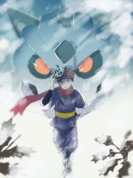 Rule 34 | 1boy, absurdres, alternate color, arm behind back, black hair, black shirt, blurry, character mask, closed mouth, commentary request, creatures (company), floating scarf, game freak, gen 3 pokemon, glalie, hat, highres, holding, holding mask, jacket, looking at viewer, male focus, mask, mask on head, nintendo, outdoors, pants, pokemon, pokemon legends: arceus, red headwear, red scarf, rei (pokemon), ryu gamori, scarf, shiny pokemon, shirt, shoes, short hair, smile, snowing