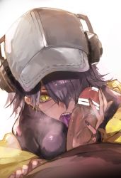 Rule 34 | 1boy, 1girl, absurdres, arknights, asbestos (arknights), bar censor, black hair, black nails, black shirt, blush, breasts, censored, colored tongue, dokuro deluxe, eyepatch, fellatio, from above, hair over one eye, headphones, hetero, highres, jacket, looking at viewer, looking up, medium breasts, nail polish, one eye covered, open clothes, open jacket, open mouth, oral, penis, purple tongue, saliva, sharp teeth, shirt, short hair, simple background, solo focus, steaming body, taut clothes, taut shirt, teeth, tongue, tongue out, upper body, upper teeth only, v-shaped eyebrows, white background, white headwear, yellow eyes, yellow jacket
